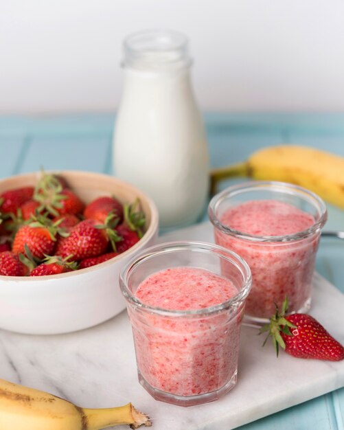 High angle strawberry smoothies