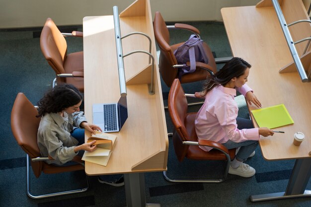 High angle students studying together