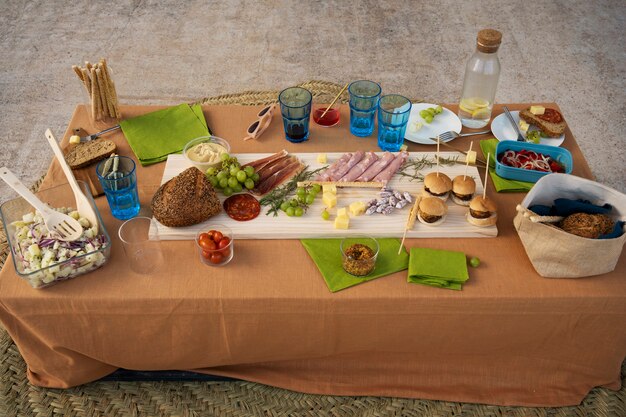 High angle table arrangement with tasty food