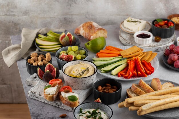 High angle table full of delicious food arrangement