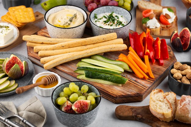 High angle table full of delicious food arrangement