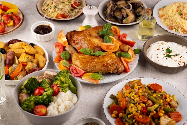 맛있는 음식 배열으로 가득 찬 높은 각도 테이블