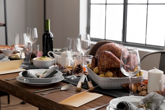 High angle table with food for thanksgiving day