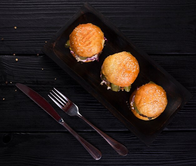 High angle tasty burgers ready to be served