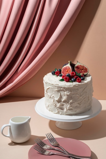 High angle tasty cake with fruits