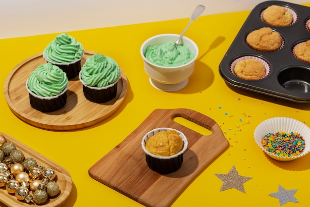 Free photo high angle tasty cupcakes assortment