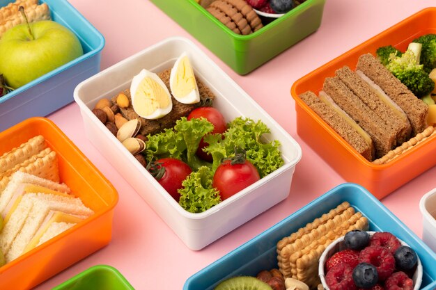 High angle tasty food lunch boxes arrangement