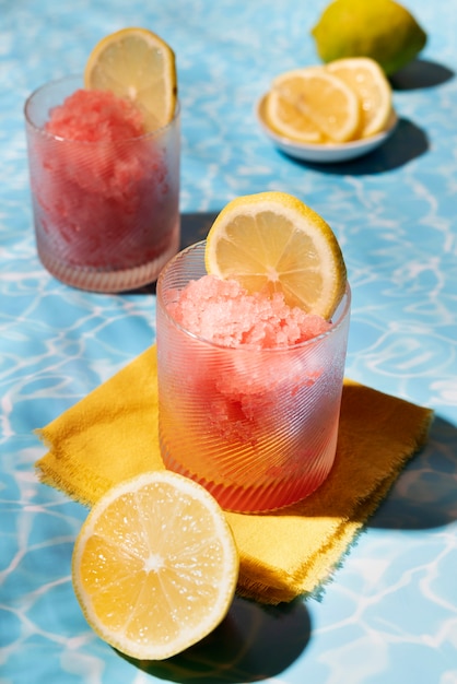 High angle tasty granita desserts with lemon