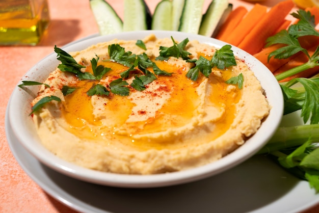 High angle tasty hummus with parsley