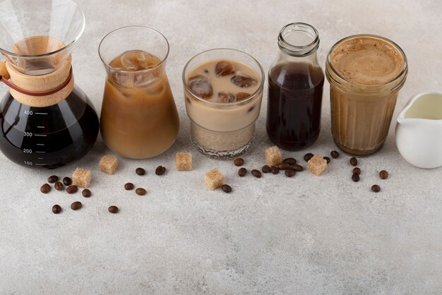 High angle tasty iced coffee arrangement