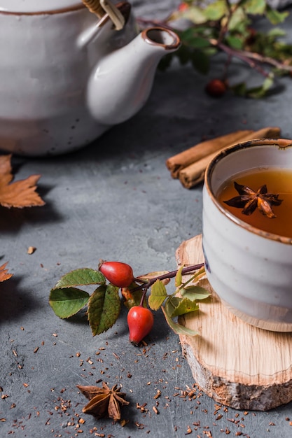 High angle tea in cup with star anise and cinnamon