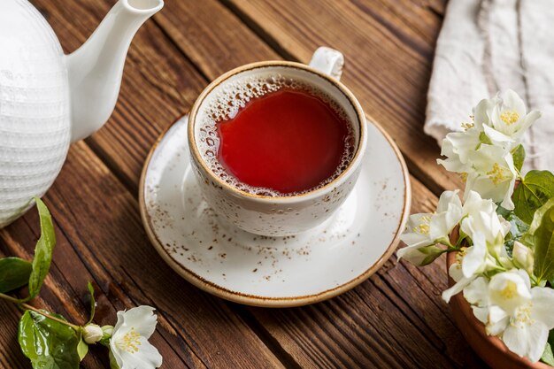 High angle of tea in a cup on a wooden table