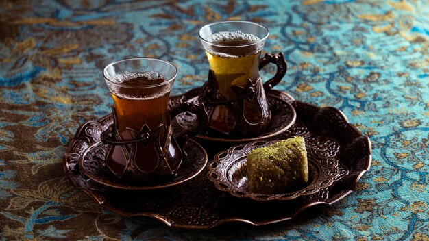 High angle tea cups on tray