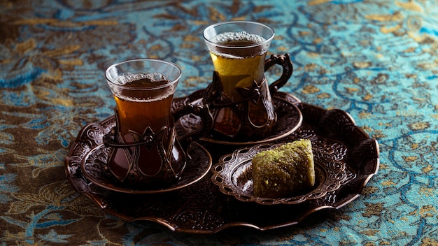 High angle tea cups on tray