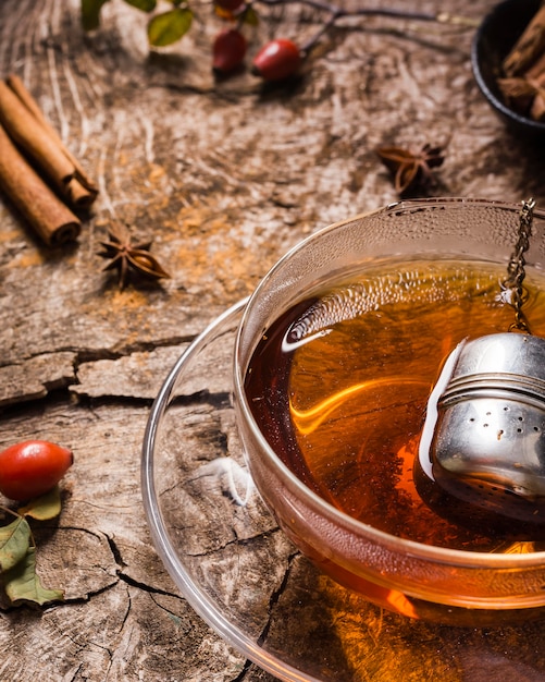 High angle tea in glass with cinnamon