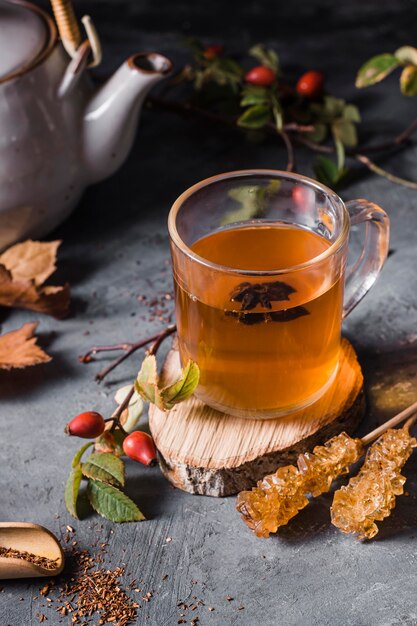 High angle tea in glass with crystallized sugar