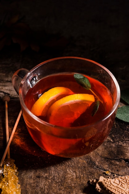 High angle tea in glass with lemon