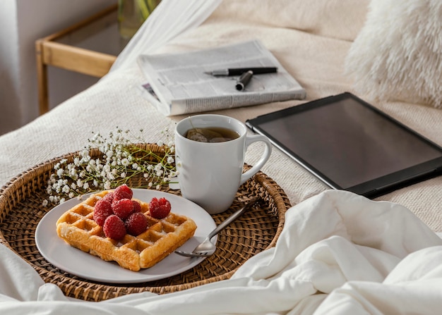 High angle tea and waffle arrangement