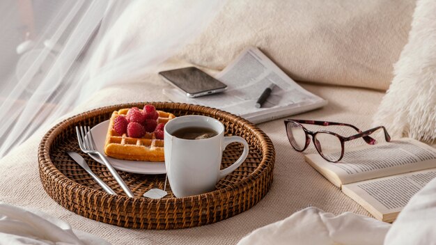 High angle tea and waffle