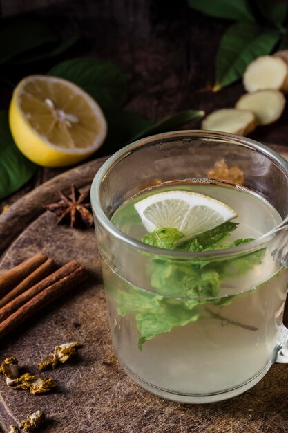 High angle tea with lemon and mint