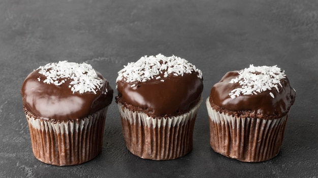 High angle of three chocolate desserts