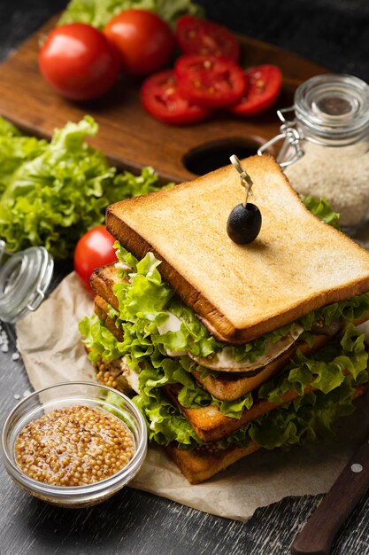 High angle of toast sandwich with salad and tomatoes