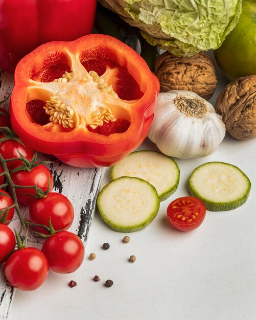 High angle of tomatoes with garlic and bell pepper