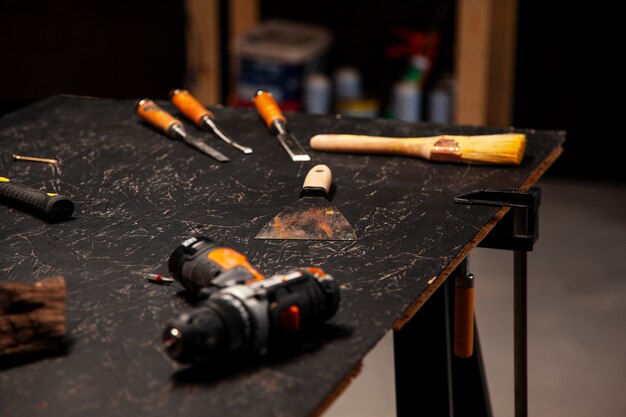 High angle tools on table in workshop