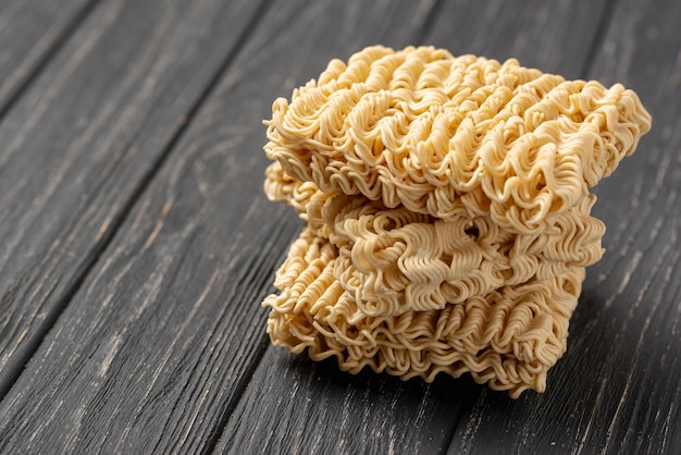 high angle tower of uncooked noodles