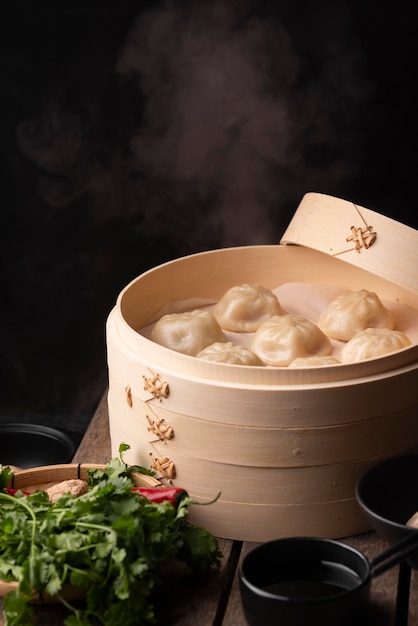 High angle of traditional asian dumplings with copy space