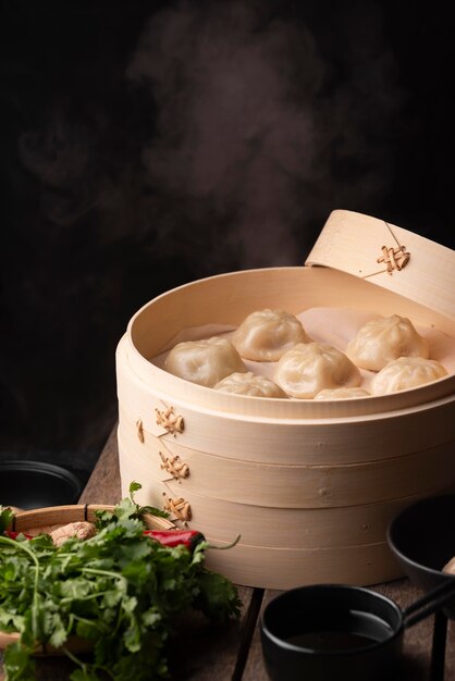 High angle of traditional asian dumplings with copy space