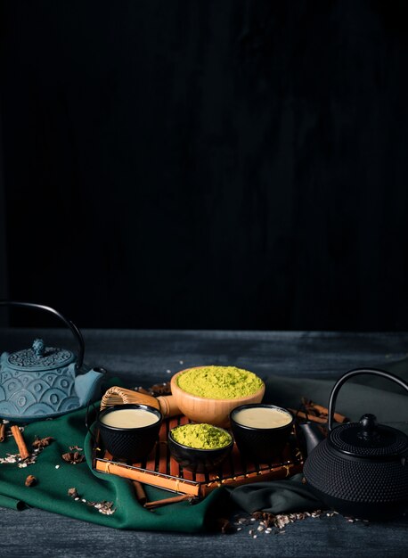 High angle tray with asian tea matcha