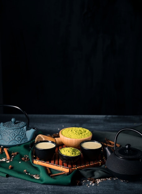 High angle tray with asian tea matcha