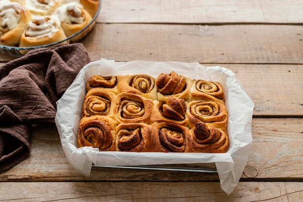 High angle tray with cinnamon rolls