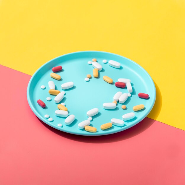 High angle of tray with pills