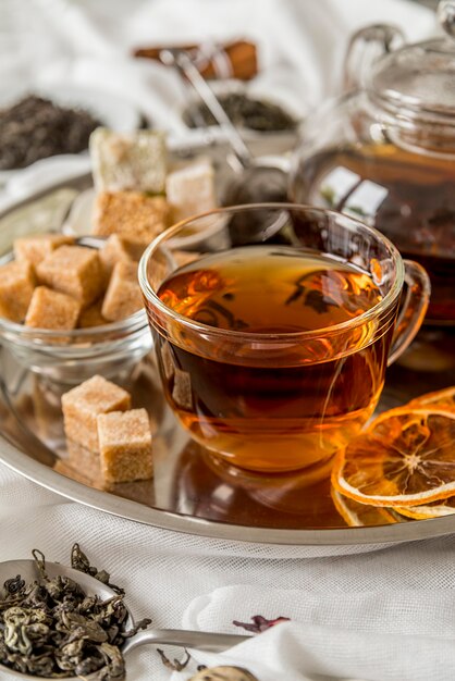 High angle tray with tea