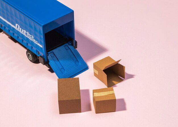 high angle truck and boxes arrangement