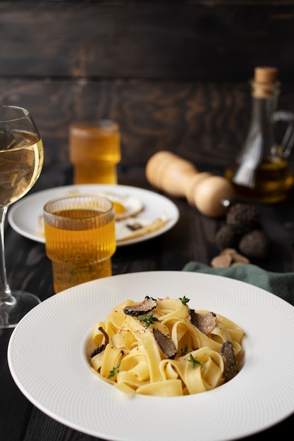 High angle truffle  pasta still life