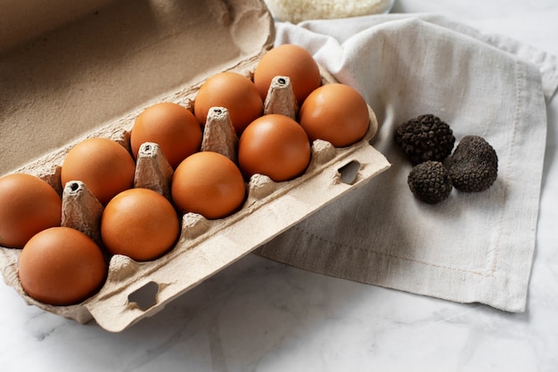 High angle truffles and eggs arrangement