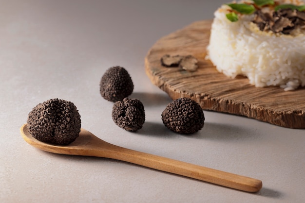 High angle truffles and rice arrangement