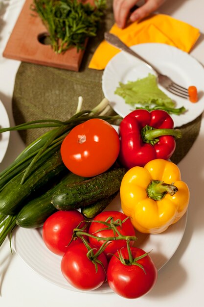 High angle of vegetables on dinner table