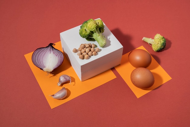 High angle vegetables and eggs arrangement