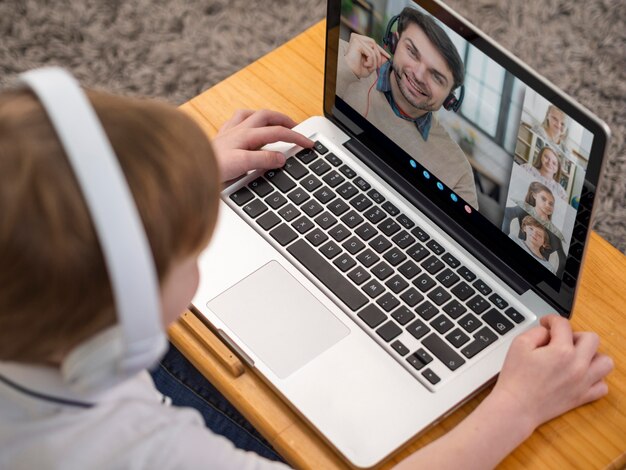 High angle video call on laptop