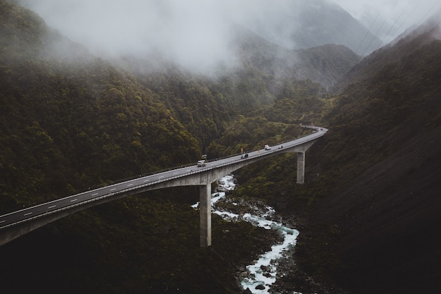 High angle view of the Arthur's Pass, New Zealand covered by the fog on a gloomy day
