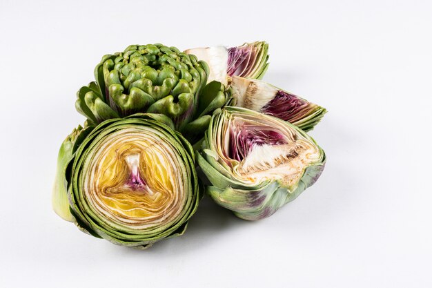 High angle view artichokes and slices  horizontal