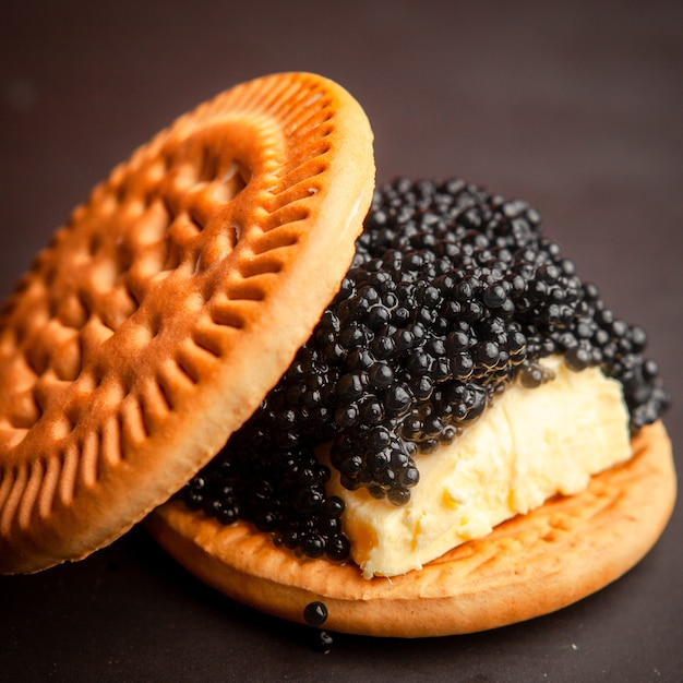 High angle view black caviar between biscuits with butter on dark background.