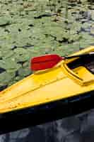 Free photo high angle view of canoe with red paddle oar floating on lake with lily pads