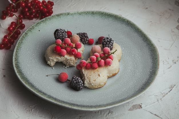 High angle view cranberries in plate with blackberries, cookie on white textured.