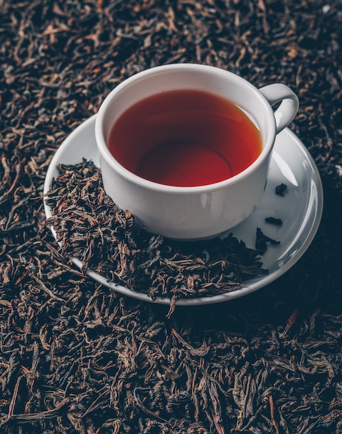 High angle view a cup of tea on tea herbs background. horizontal