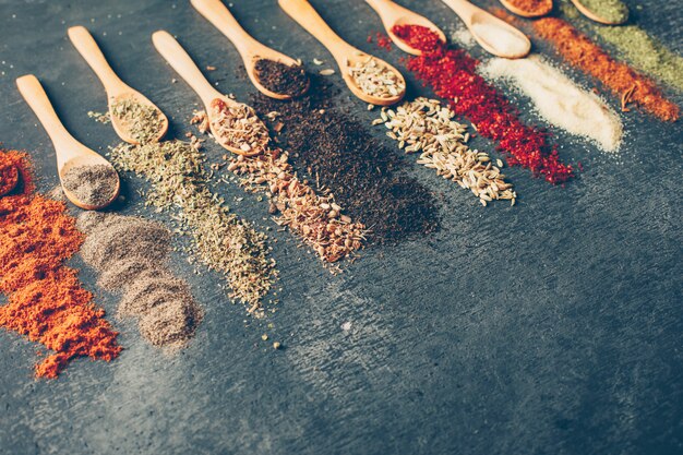 High angle view dried herbs in spoons